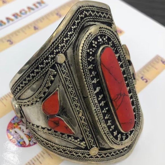 single Tribal Stone Cuff, Coral Stone Ethnic Afghan Cuff Bracelet, Handmade Afgh - Picture 4 of 8